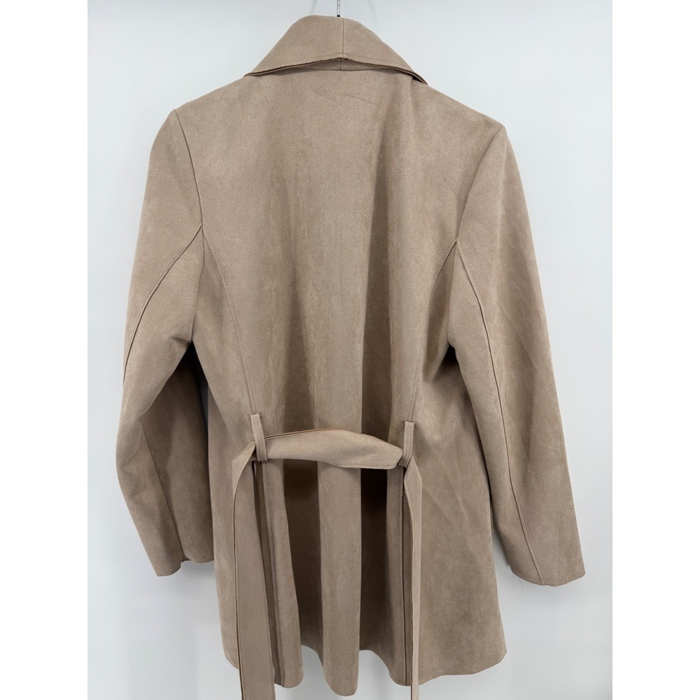 Magaschoni Women Tan Faux Suede Draped Open Front Belted Wrap Coat Jacket Small - Picture 3 of 5